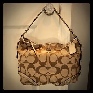 Coach Signature Print Hobo Bag - Tan and Bronze